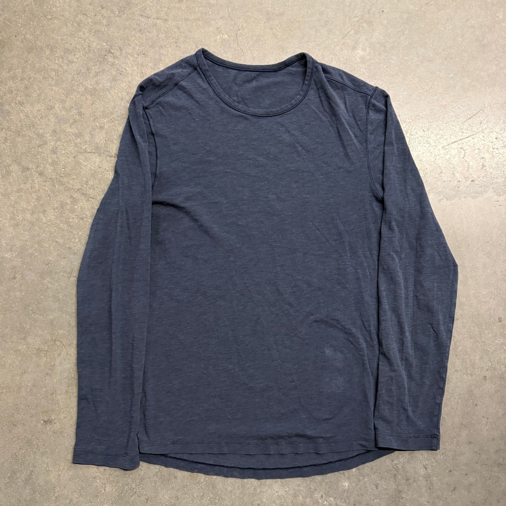 Lululemon Mens Long Sleeve Crew Neck Tee Heathered Navy Blue Size M 4388